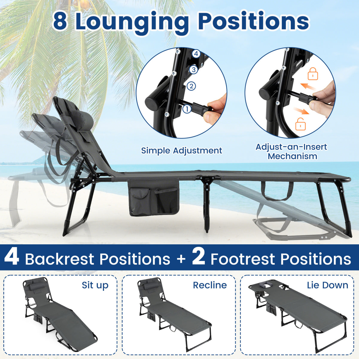 Set of 2 Tanning Chair Portable Chaise Lounge Chair with 4-Position Adjustable Backrest-Gray
