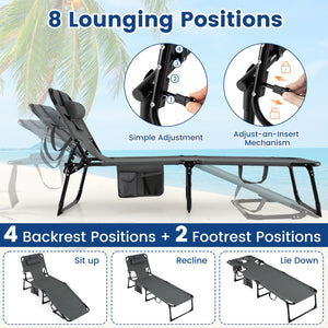 Set of 2 Tanning Chair Portable Chaise Lounge Chair with 4-Position Adjustable Backrest-Gray