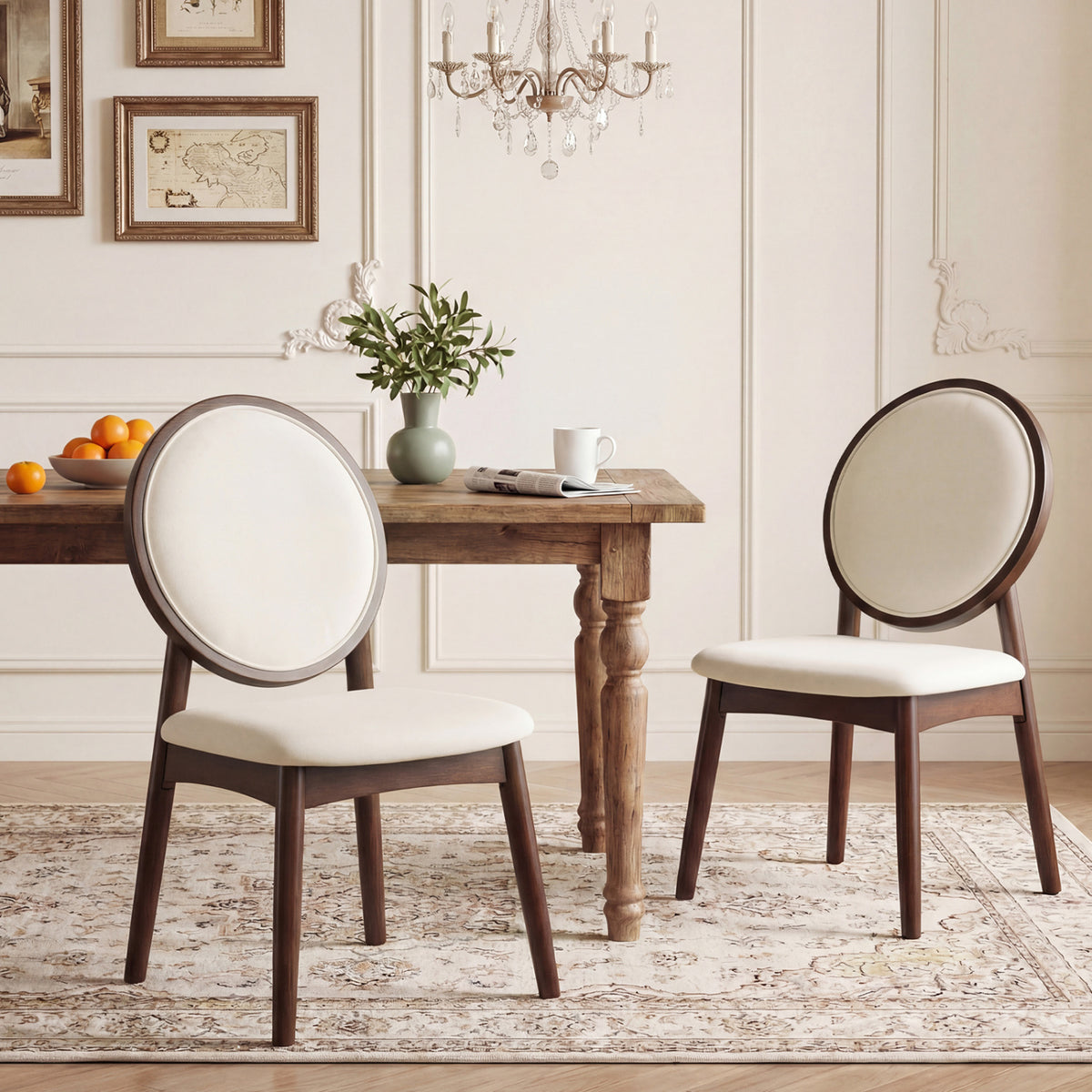 Set of 2 Upholstered Linen Fabric Kitchen Side Chairs with Padded Seat-Beige