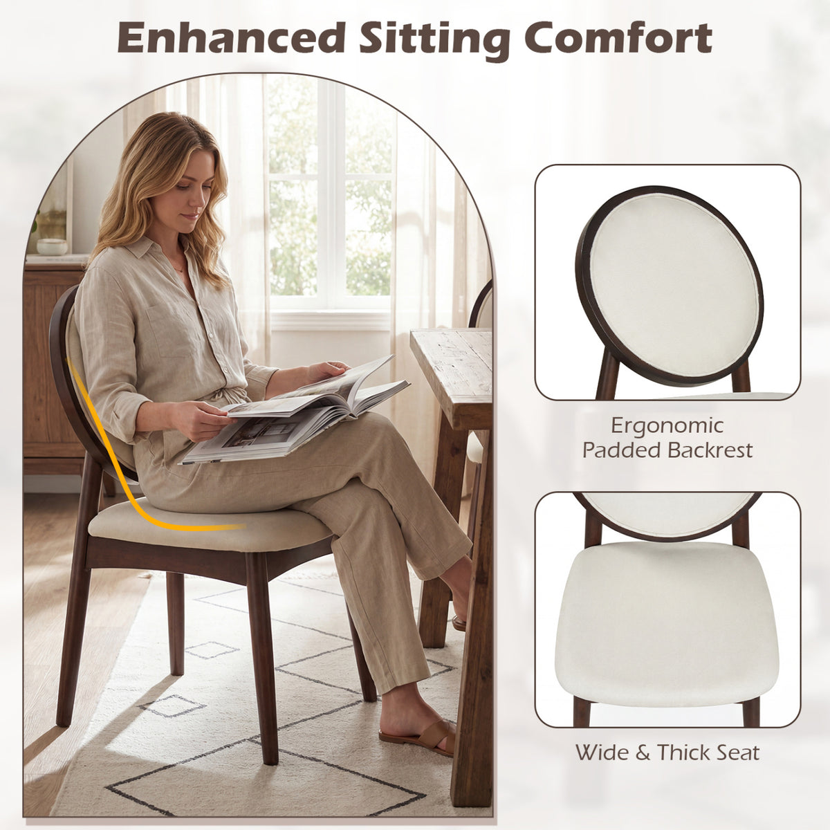Set of 2 Upholstered Linen Fabric Kitchen Side Chairs with Padded Seat-Beige