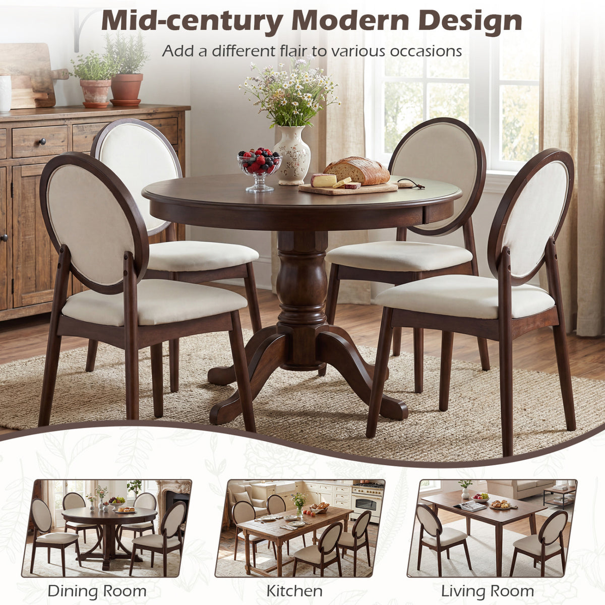 Set of 2 Upholstered Linen Fabric Kitchen Side Chairs with Padded Seat-Beige