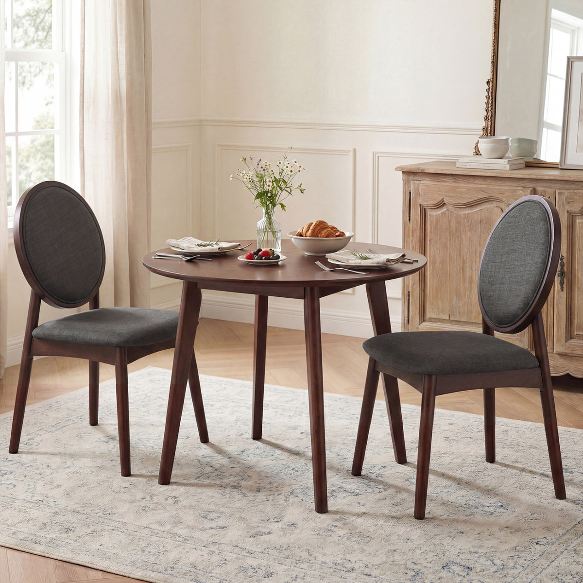 Set of 2 Upholstered Linen Fabric Kitchen Side Chairs with Padded Seat-Black