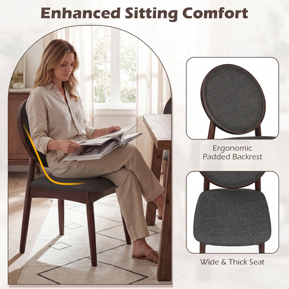 Set of 2 Upholstered Linen Fabric Kitchen Side Chairs with Padded Seat-Black