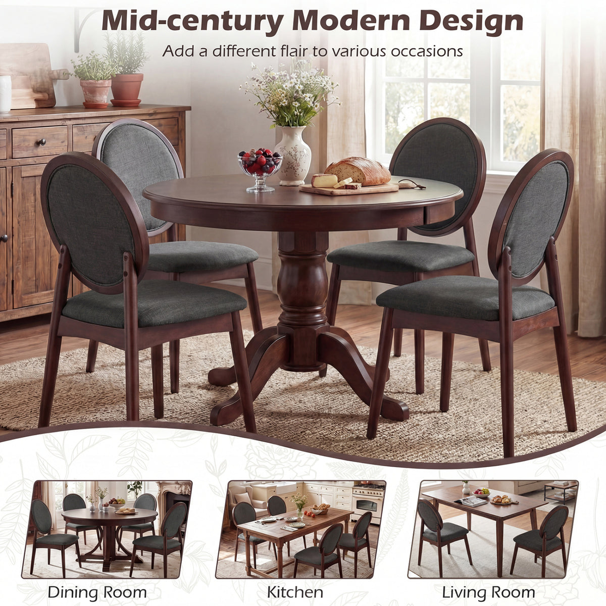 Set of 2 Upholstered Linen Fabric Kitchen Side Chairs with Padded Seat-Black