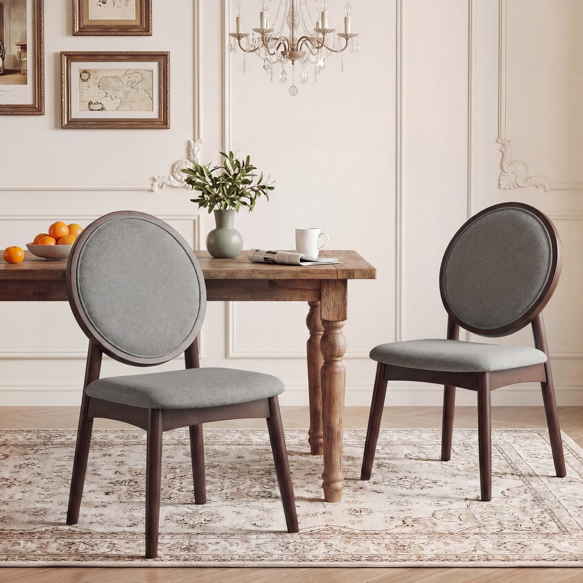 Set of 2 Upholstered Linen Fabric Kitchen Side Chairs with Padded Seat-Gray
