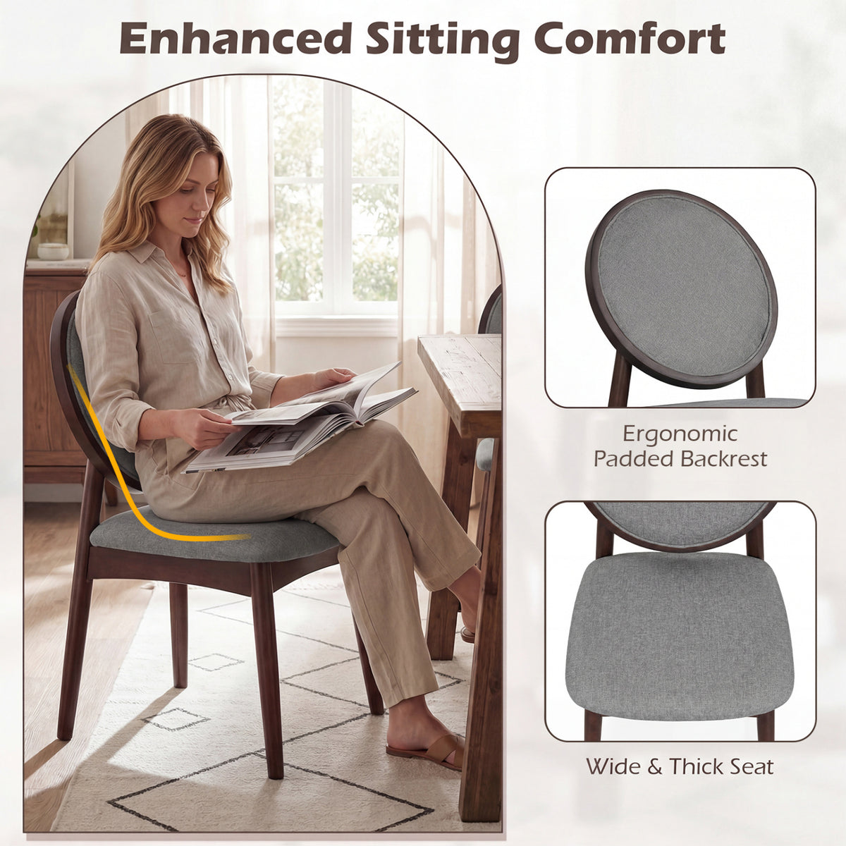 Set of 2 Upholstered Linen Fabric Kitchen Side Chairs with Padded Seat-Gray