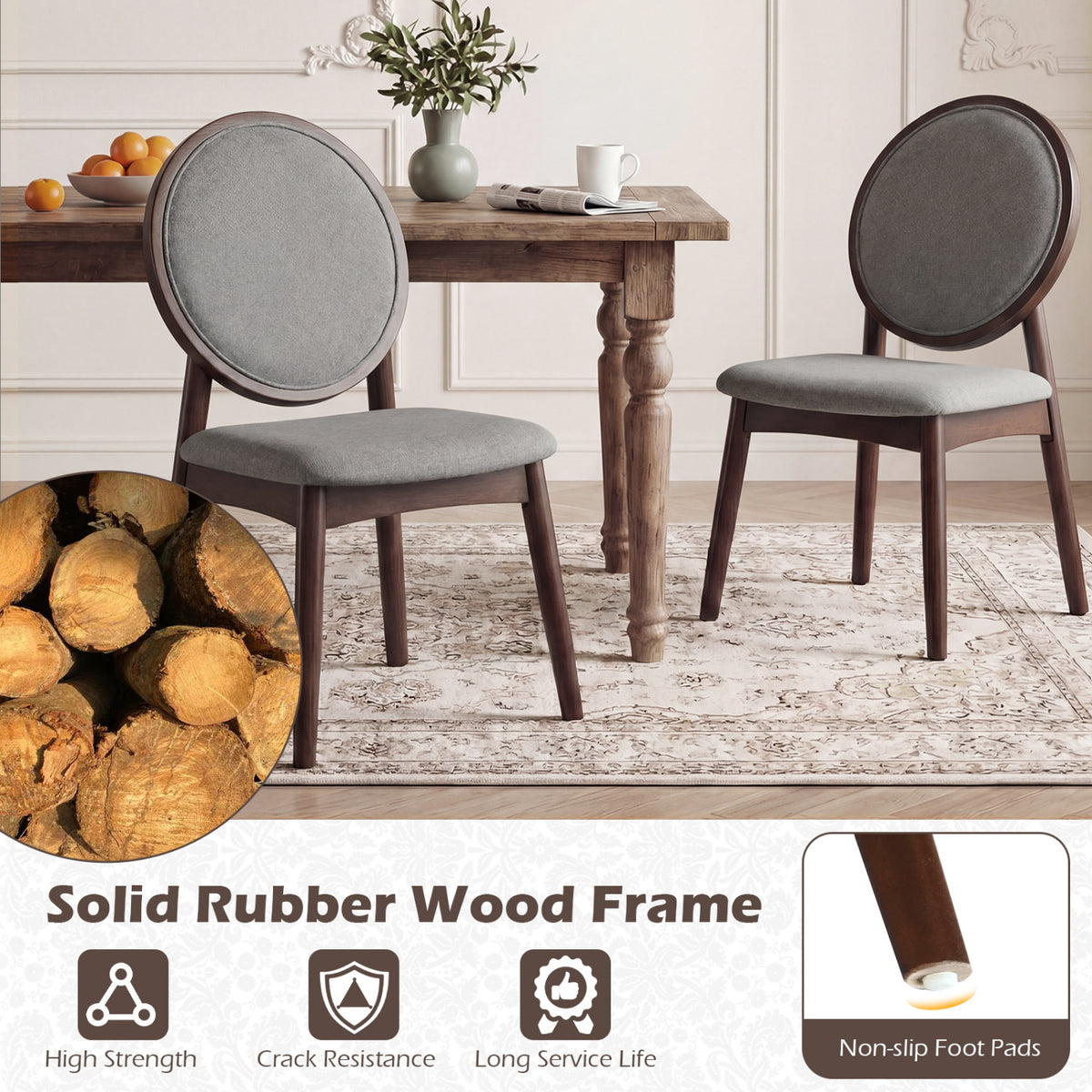 Set of 2 Upholstered Linen Fabric Kitchen Side Chairs with Padded Seat-Gray