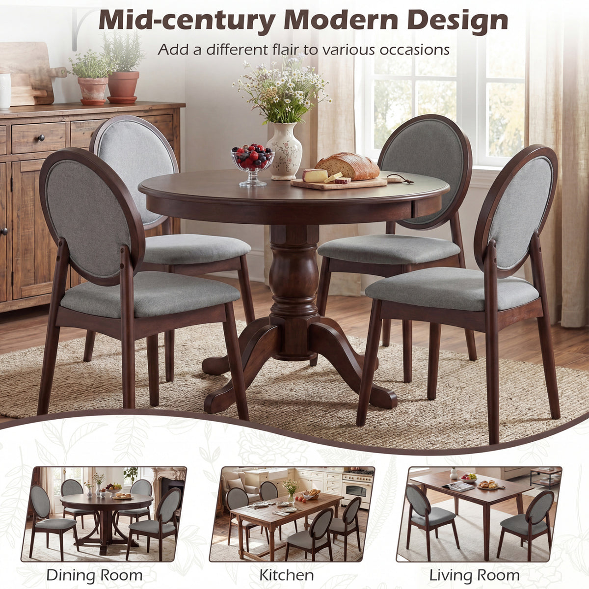 Set of 2 Upholstered Linen Fabric Kitchen Side Chairs with Padded Seat-Gray