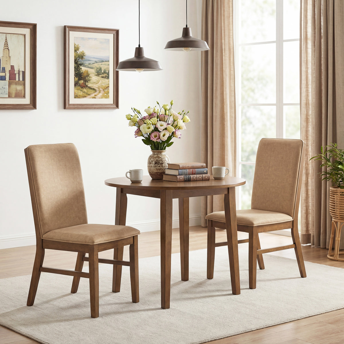 Set of 2 Upholstered Dining Chairs with Solid Rubber Wood Legs-Brown