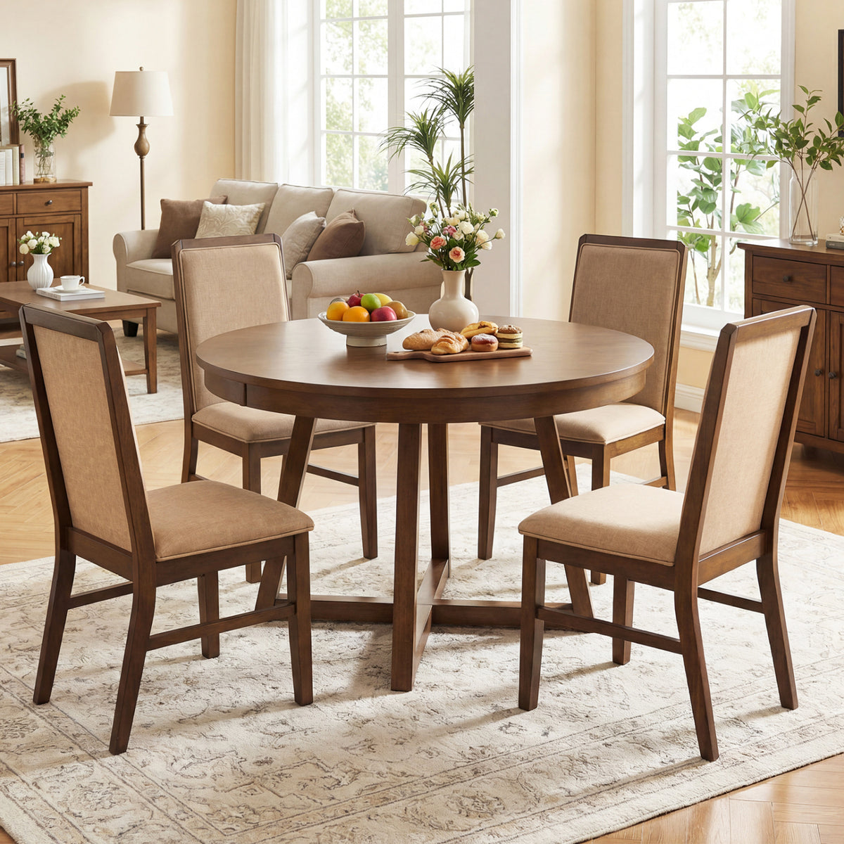 Set of 2 Upholstered Dining Chairs with Solid Rubber Wood Legs-Brown