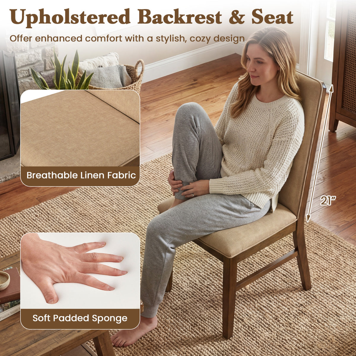 Set of 2 Upholstered Dining Chairs with Solid Rubber Wood Legs-Brown