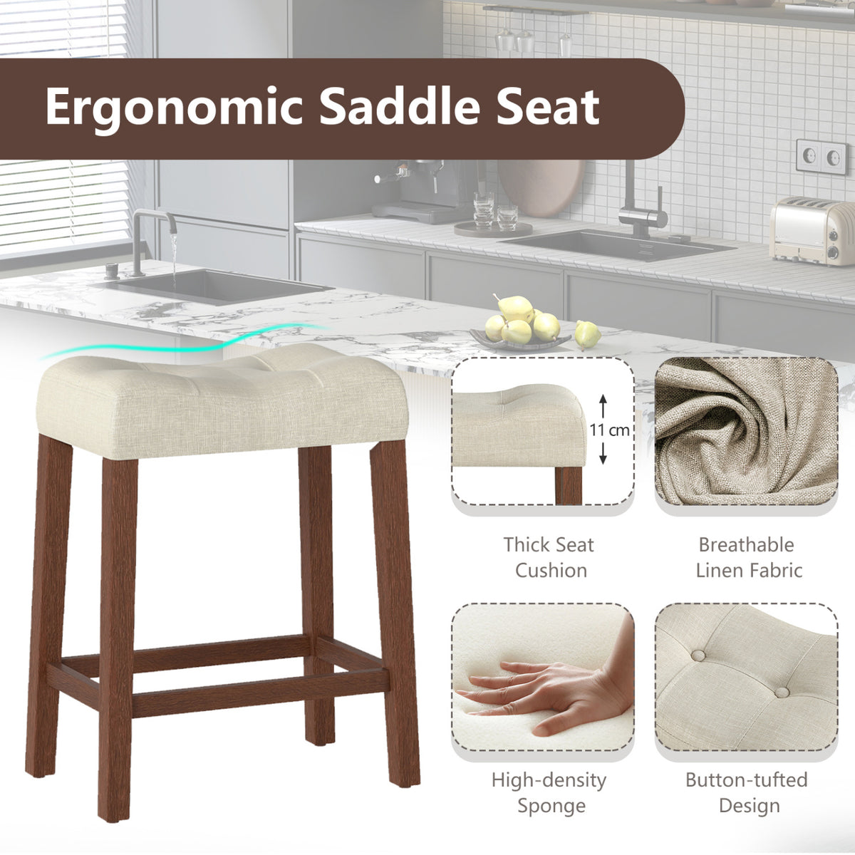Set of 2 Upholstered Counter Height Bar Stool with Curved Saddle-Seat-Brown