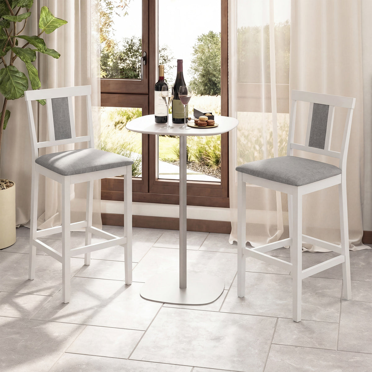 Set of 2 Upholstered Barstool 29.5 Inch Bar Height with Solid Rubber Wood Frame-White
