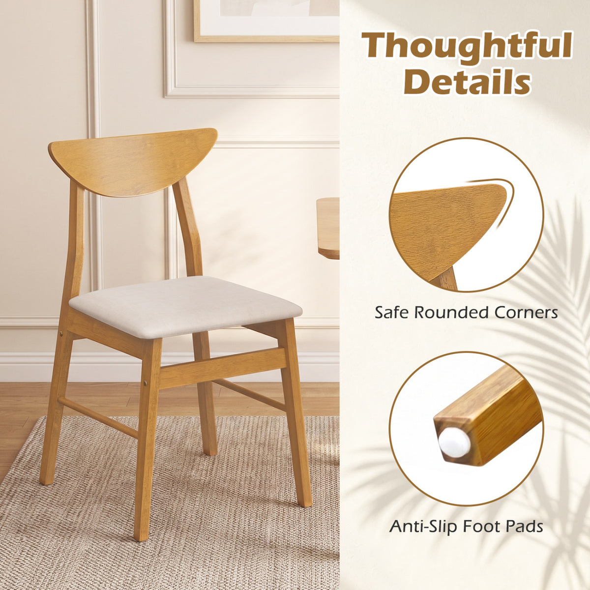Set of 2 Upholstered Dining Chairs with Curved Backrest and Rubber Wood Frame-Natural