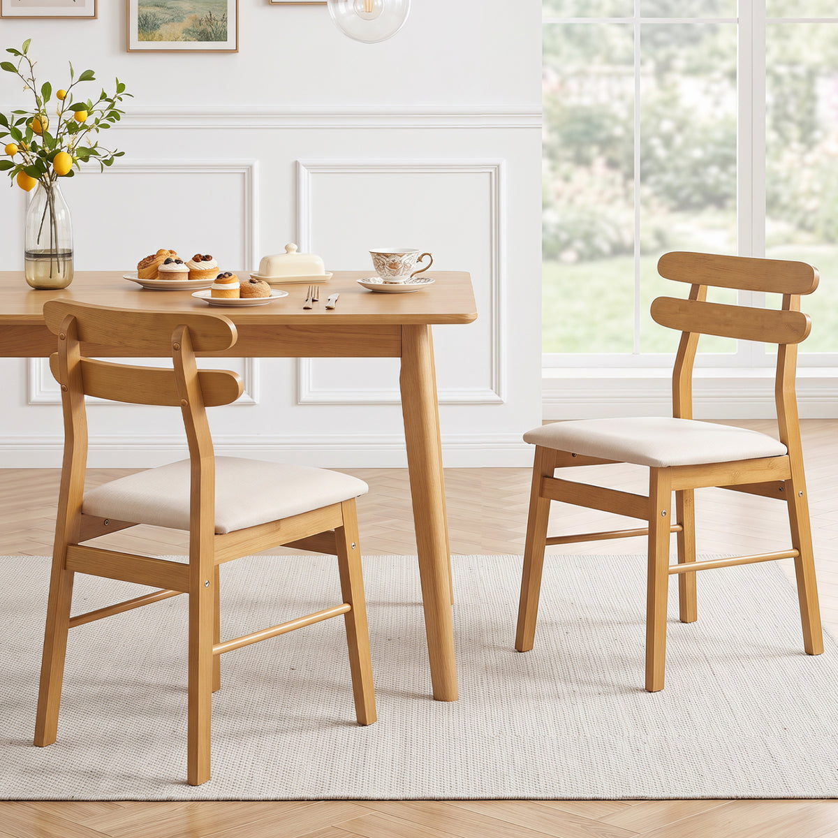 Set of 2 Upholstered Dining Chairs with Padded Seat and Solid Wood Legs-Natural