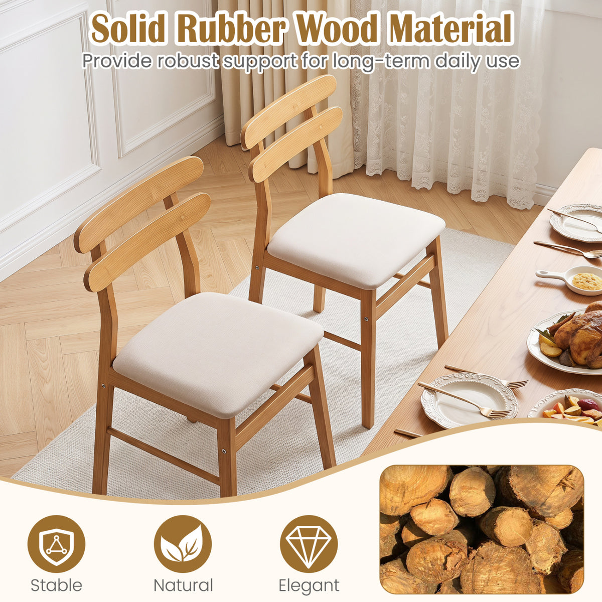 Set of 2 Upholstered Dining Chairs with Padded Seat and Solid Wood Legs-Natural