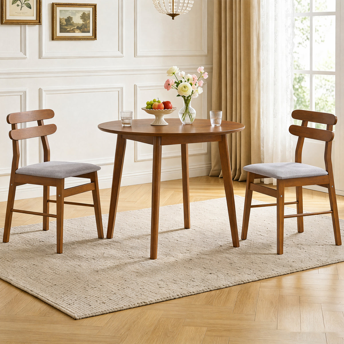 Set of 2 Upholstered Dining Chairs with Padded Seat and Solid Wood Legs-Walnut