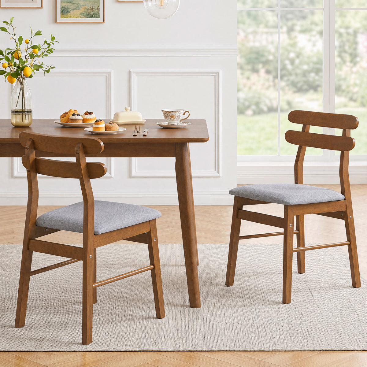 Set of 2 Upholstered Dining Chairs with Padded Seat and Solid Wood Legs-Walnut