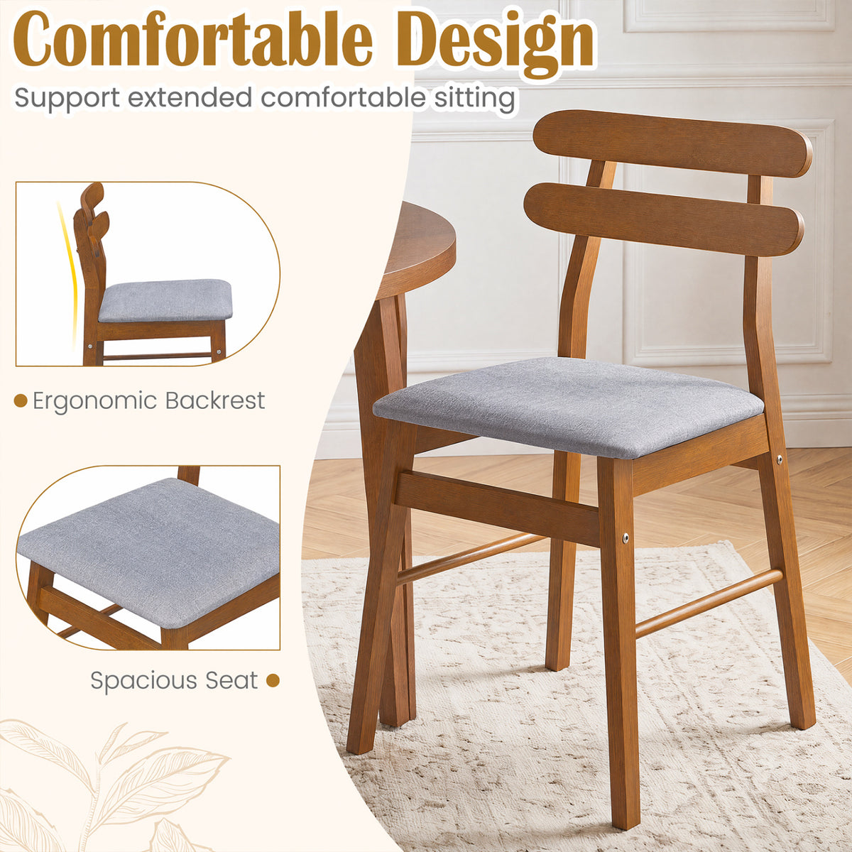 Set of 2 Upholstered Dining Chairs with Padded Seat and Solid Wood Legs-Walnut
