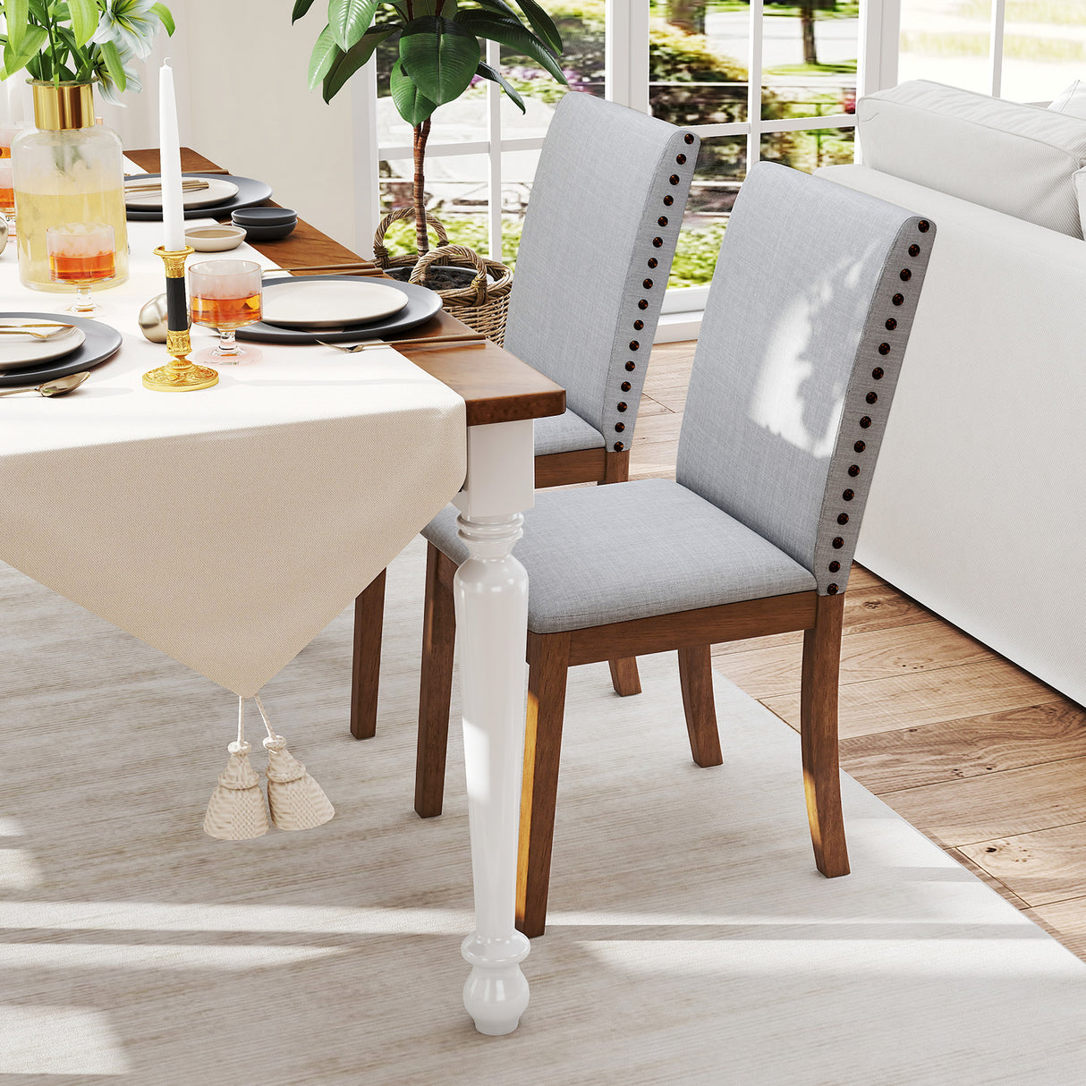 Set of 2 Upholstered Dining Chairs with Padded Seat for Living Room-Walnut