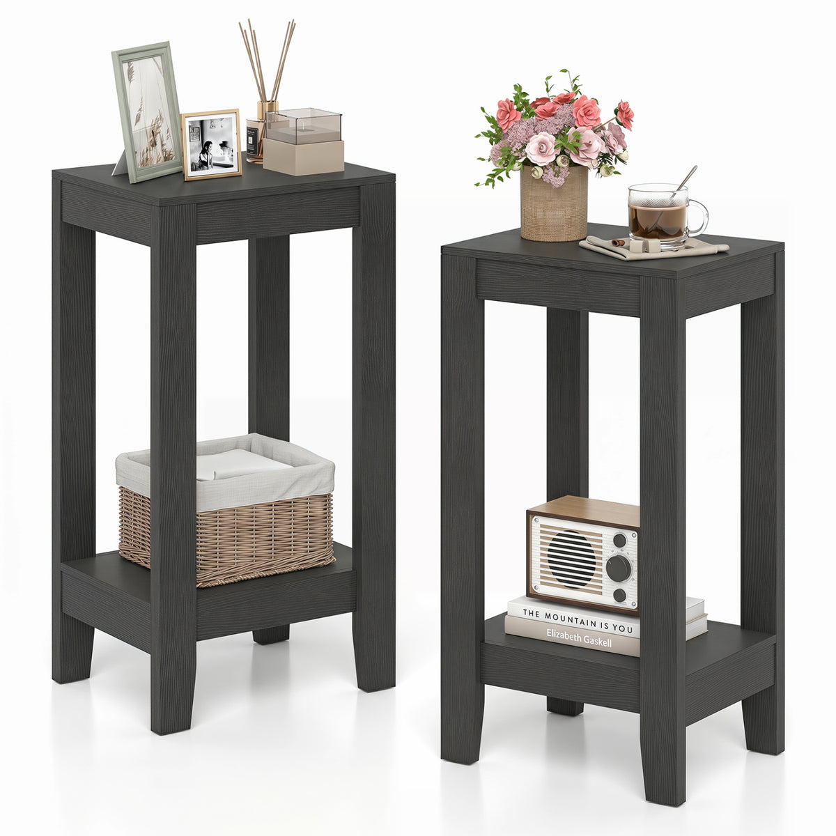 Set of 2 Versatile 2-Tier End Table with Storage Shelf-Black