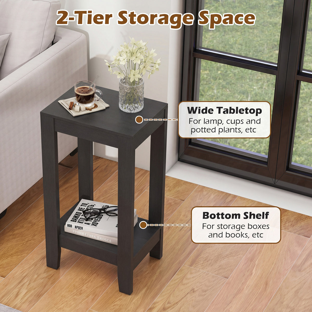 Set of 2 Versatile 2-Tier End Table with Storage Shelf-Black