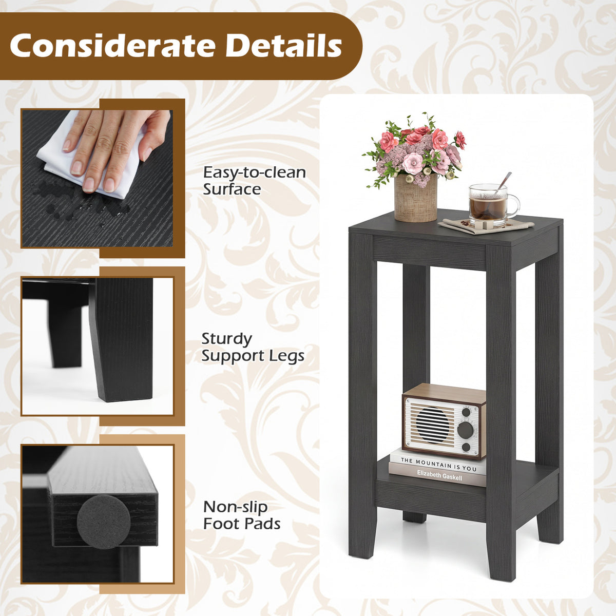 Set of 2 Versatile 2-Tier End Table with Storage Shelf-Black