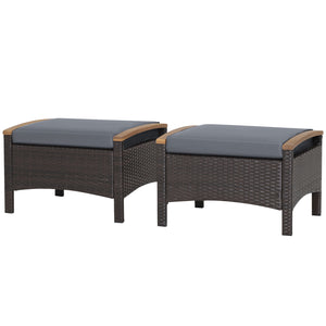 Set of 2 Wicker Patio Ottoman Fade-Resistant Foot Rest with Cushion-Gray