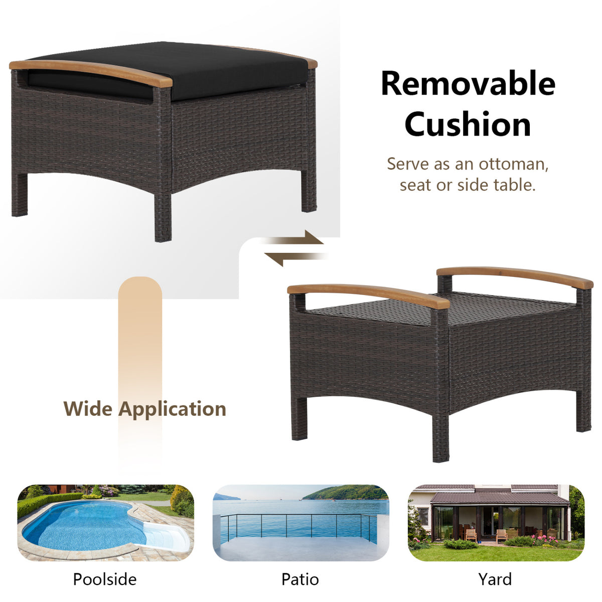Set of 2 Wicker Patio Ottoman Fade-Resistant Foot Rest with Cushion-Black