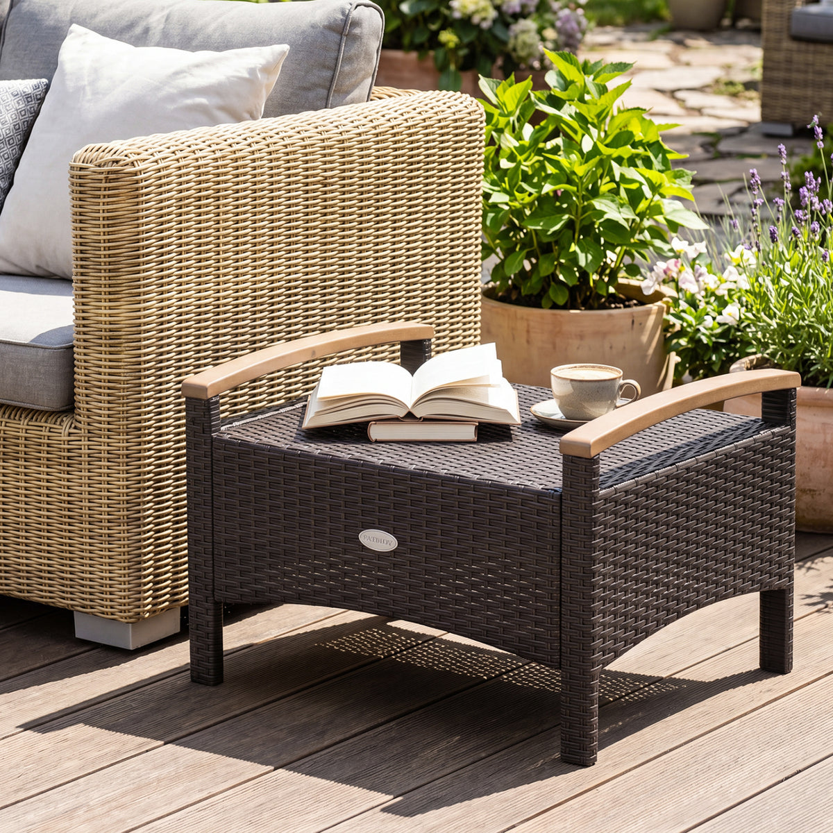 Set of 2 Wicker Patio Ottoman Fade-Resistant Foot Rest with Cushion-Black