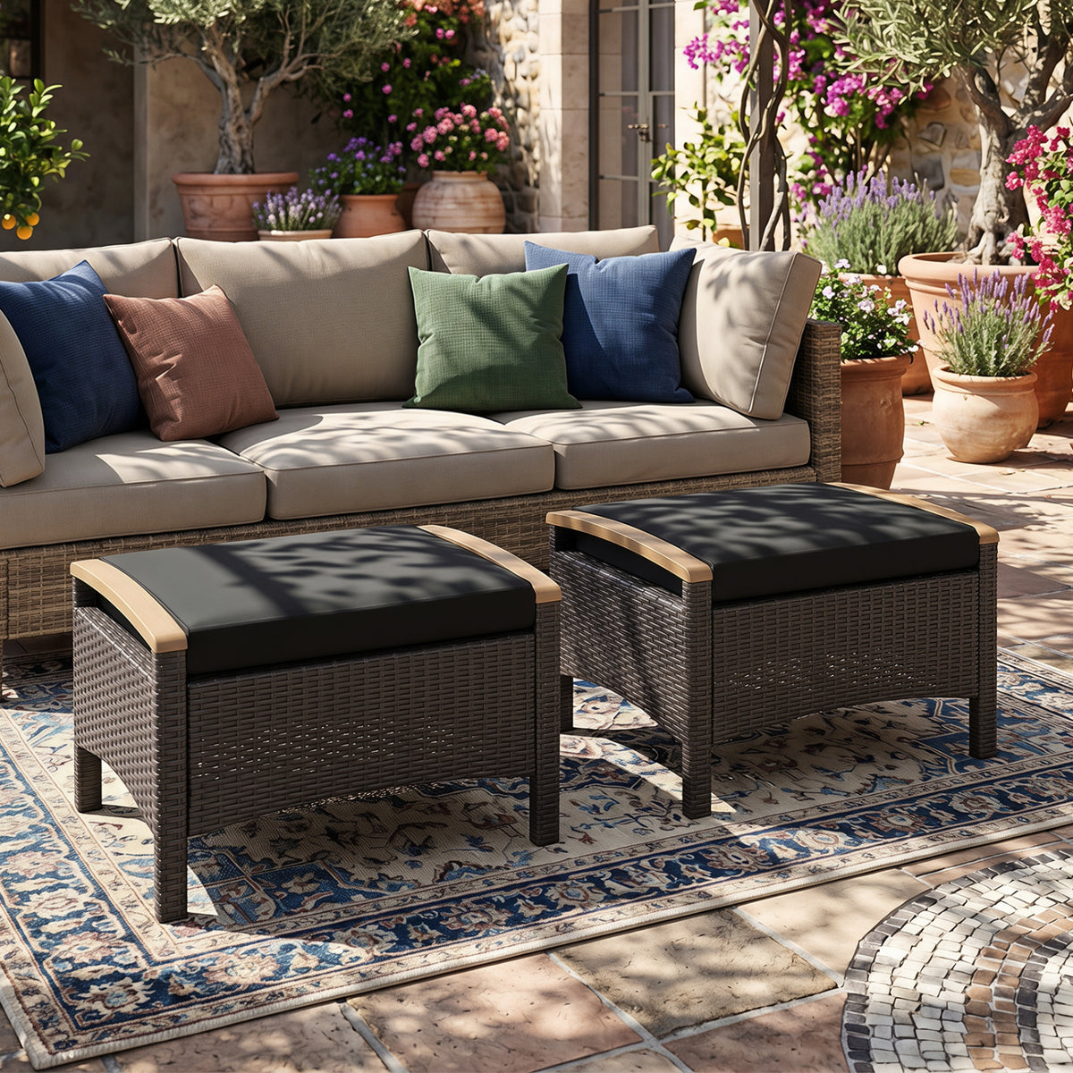 Set of 2 Wicker Patio Ottoman Fade-Resistant Foot Rest with Cushion-Black