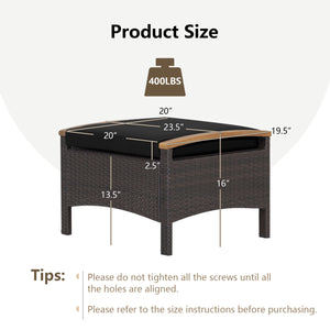 Set of 2 Wicker Patio Ottoman Fade-Resistant Foot Rest with Cushion-Black