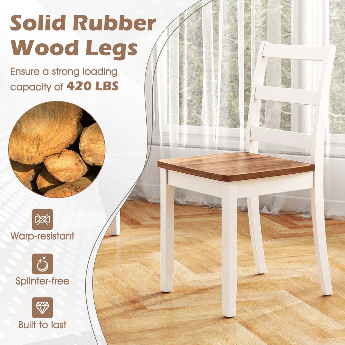 Set of 2 Wood Dining Chairs with Solid Rubber Wood Legs-Rustic Brown