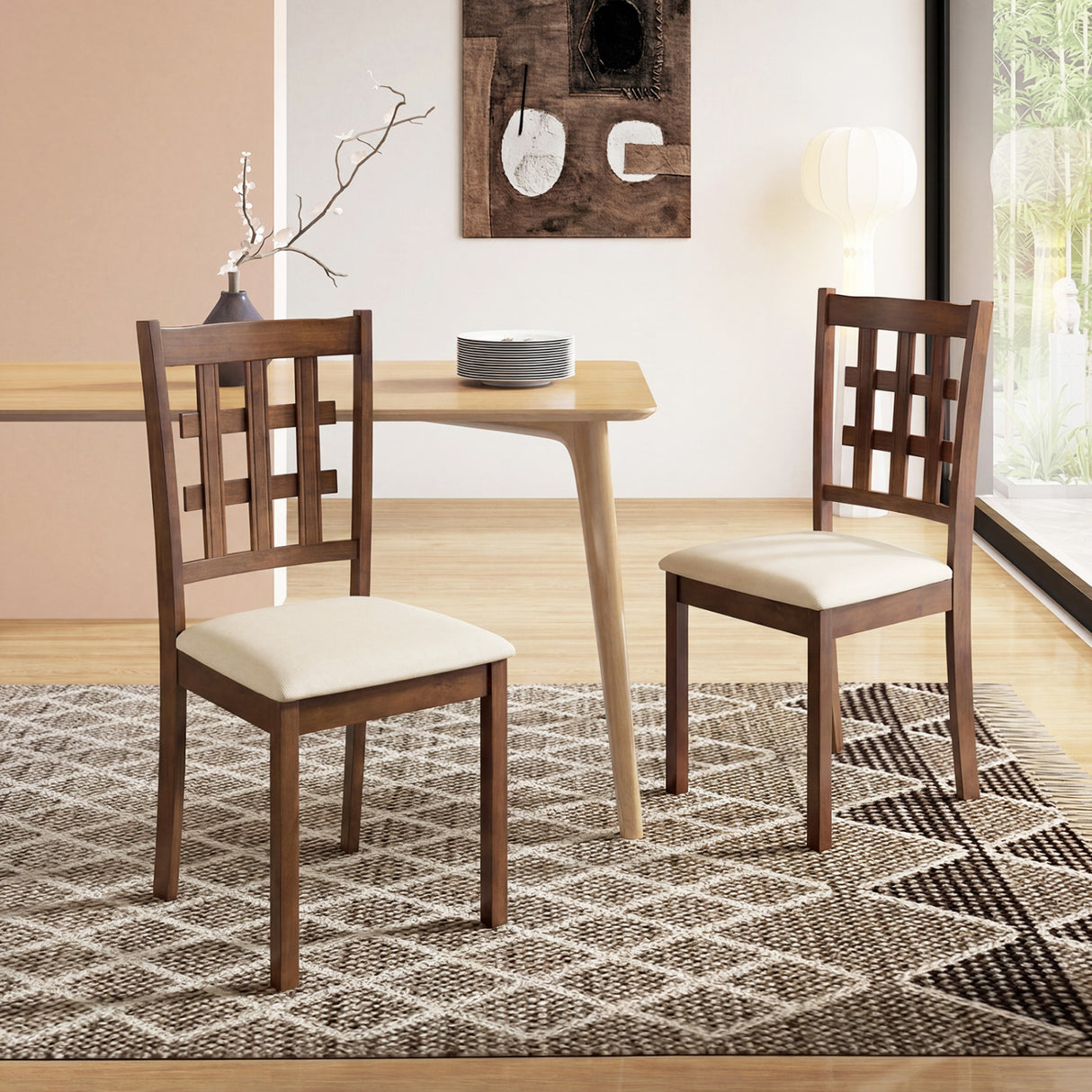 Set of 2 Wood Kitchen Chairs with Faux Leather Upholstered Seat-Coffee