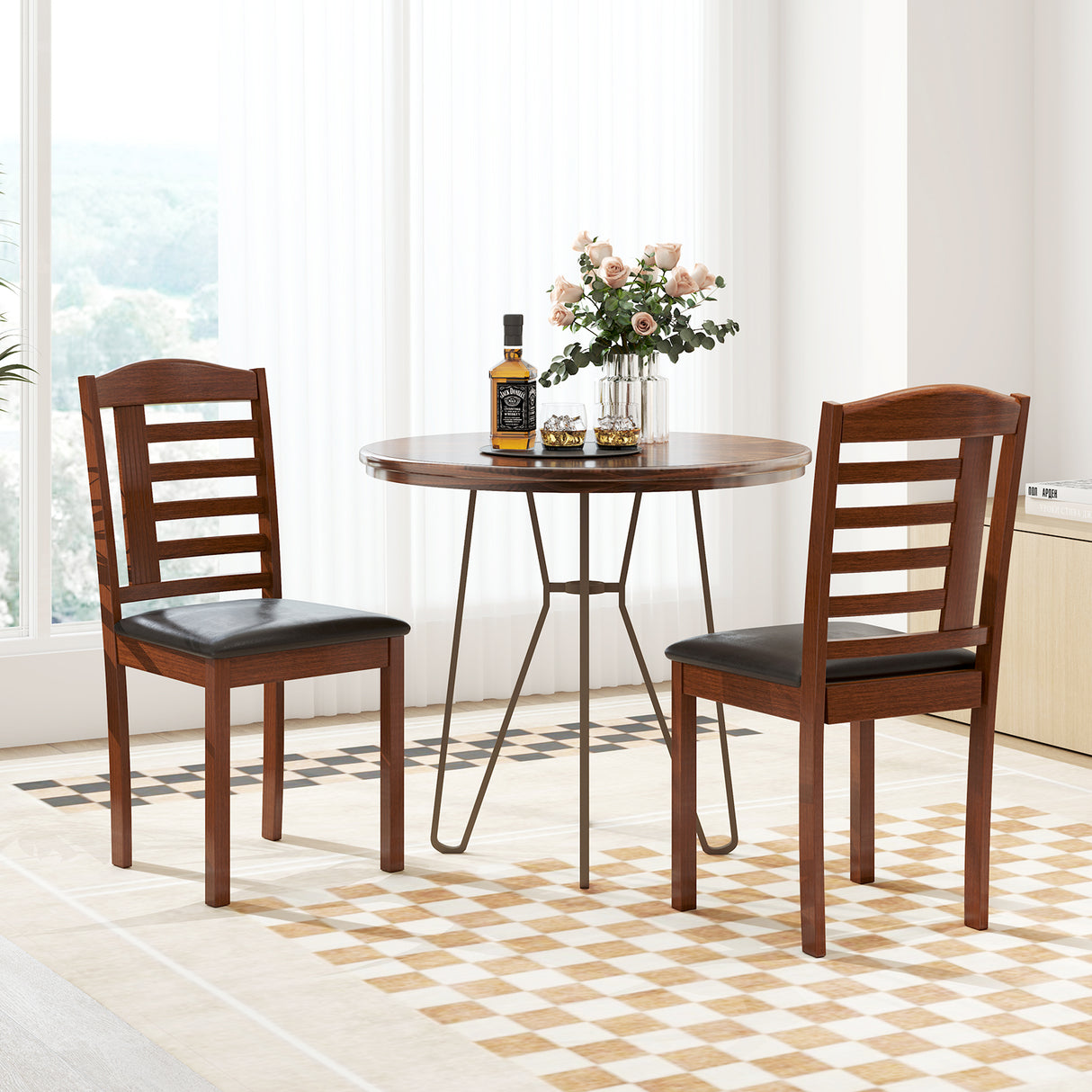 Set of 2 Wood Kitchen Chairs with Faux Leather Upholstered Seat-Black
