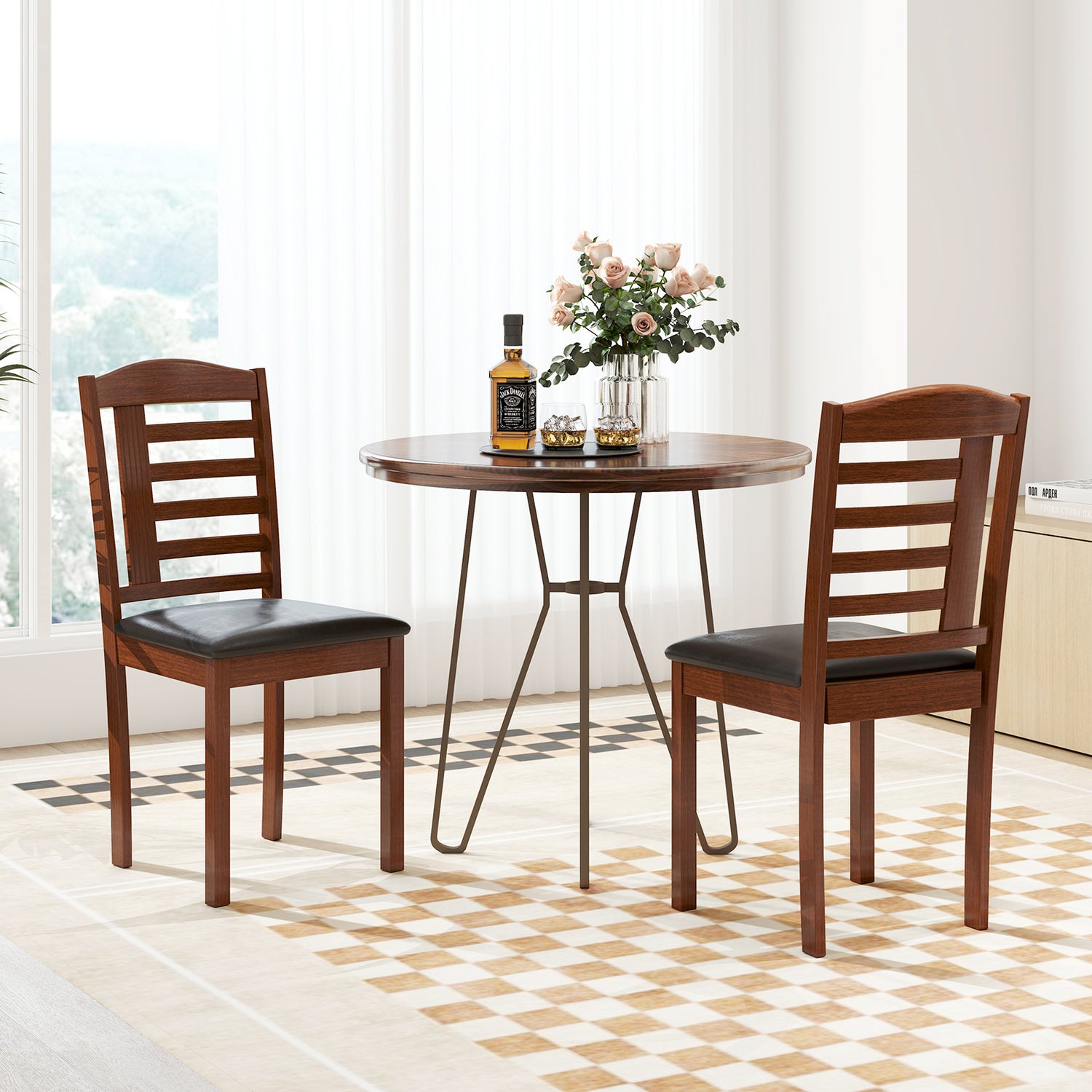 Set of 2 Wood Kitchen Chairs with Faux Leather Upholstered Seat-Black
