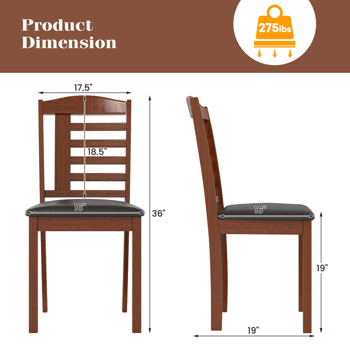 Set of 2 Wood Kitchen Chairs with Faux Leather Upholstered Seat-Black