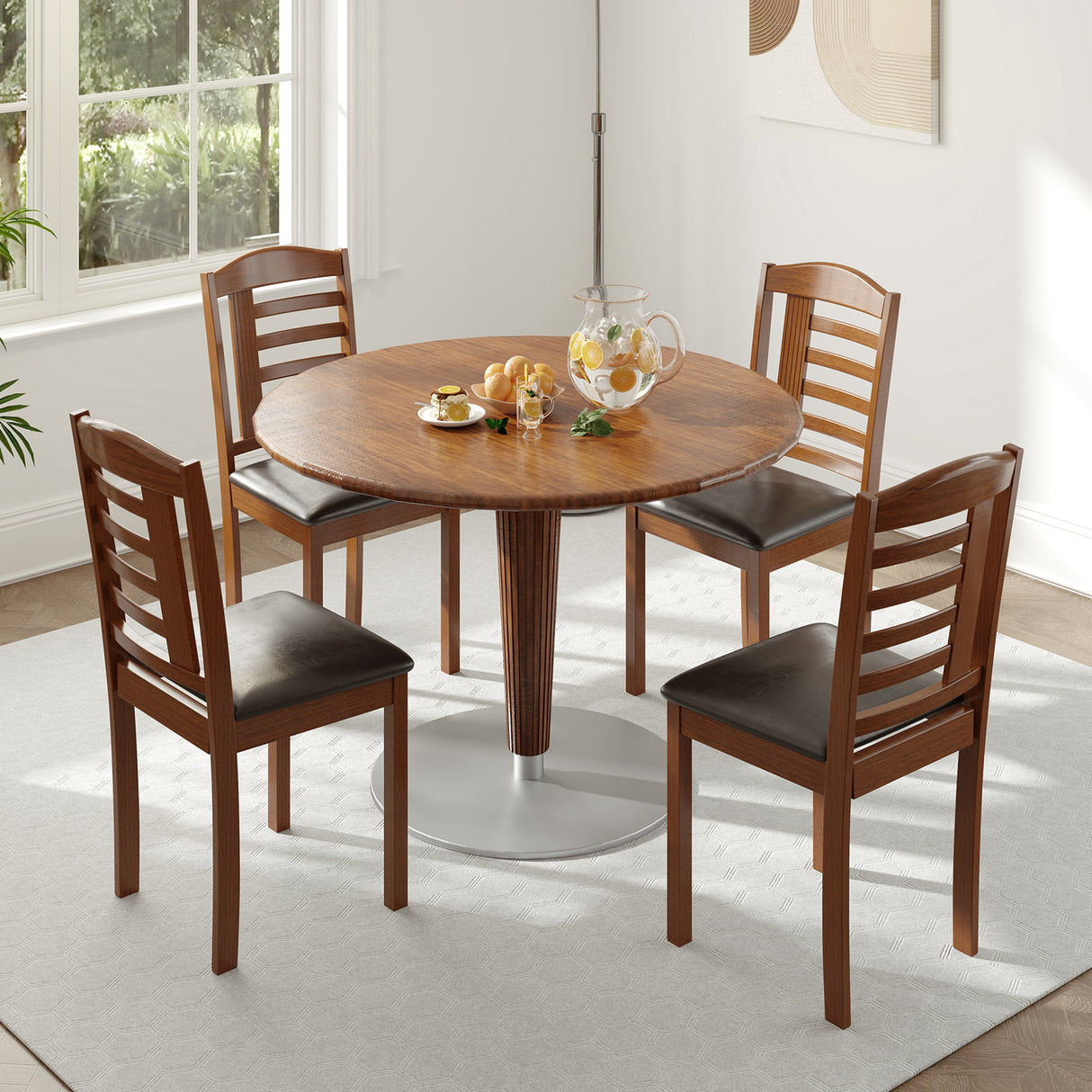Set of 2 Wood Kitchen Chairs with Faux Leather Upholstered Seat-Black