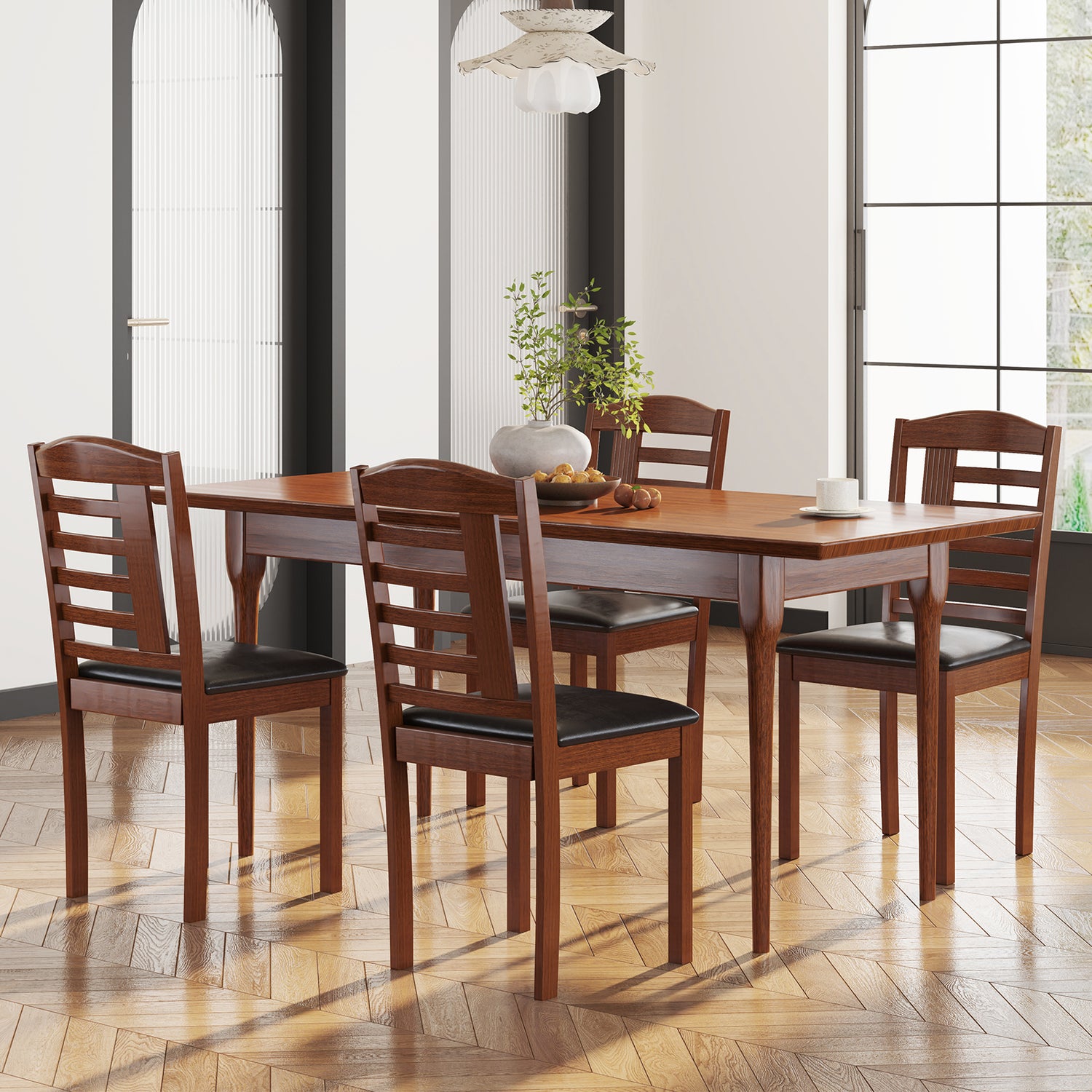Set of 2 Wood Kitchen Chairs with Faux Leather Upholstered Seat-Black