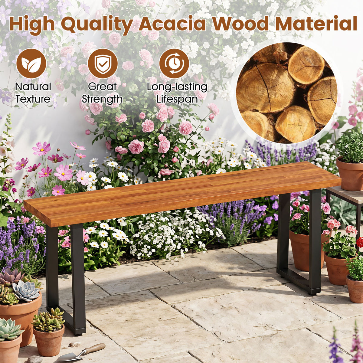 Set of 2 Wood Patio Bench 47.5" Long Dining Bench for Entryway Poolside