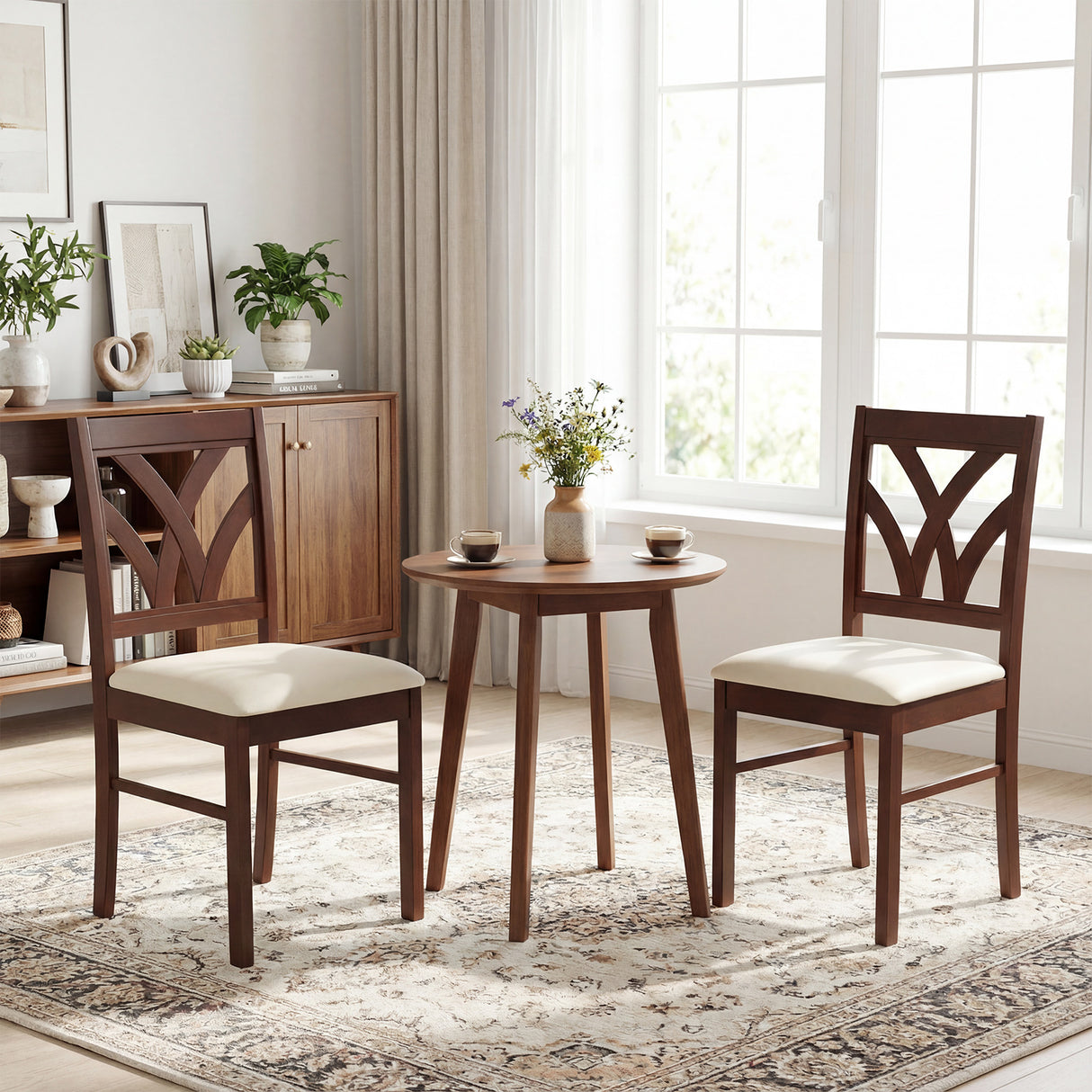 Set of 2 Wooden Dining Chairs Upholstered with Hollowed Backrest and Soft Padded Seat-Brown