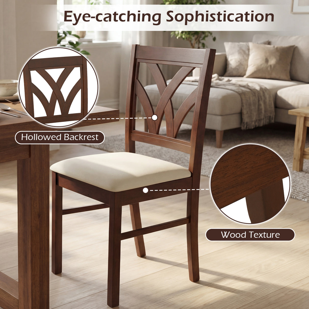 Set of 2 Wooden Dining Chairs Upholstered with Hollowed Backrest and Soft Padded Seat-Brown