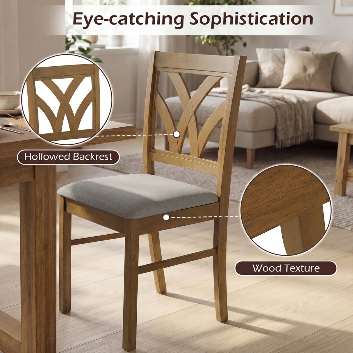 Set of 2 Wooden Dining Chairs Upholstered with Hollowed Backrest and Soft Padded Seat-Oak