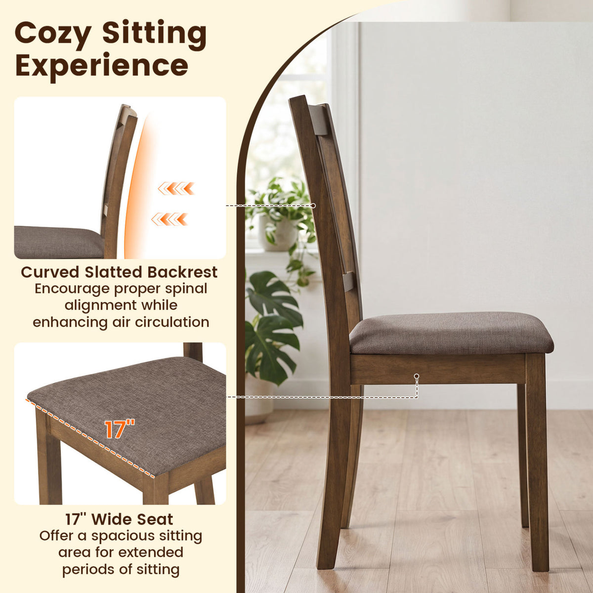 Set of 2 Wooden Dining Chairs Upholstered Kitchen Chairs with Rubber Wood Frame-Brown