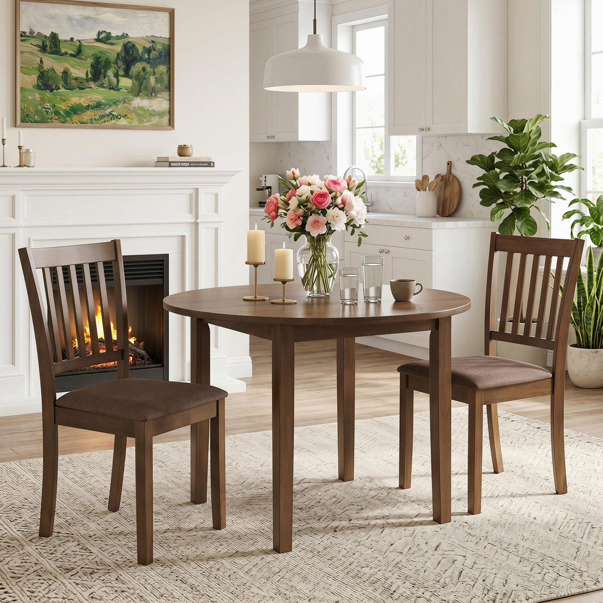 Set of 2 Wooden Dining Chairs Upholstered Kitchen Chairs with Rubber Wood Frame-Brown