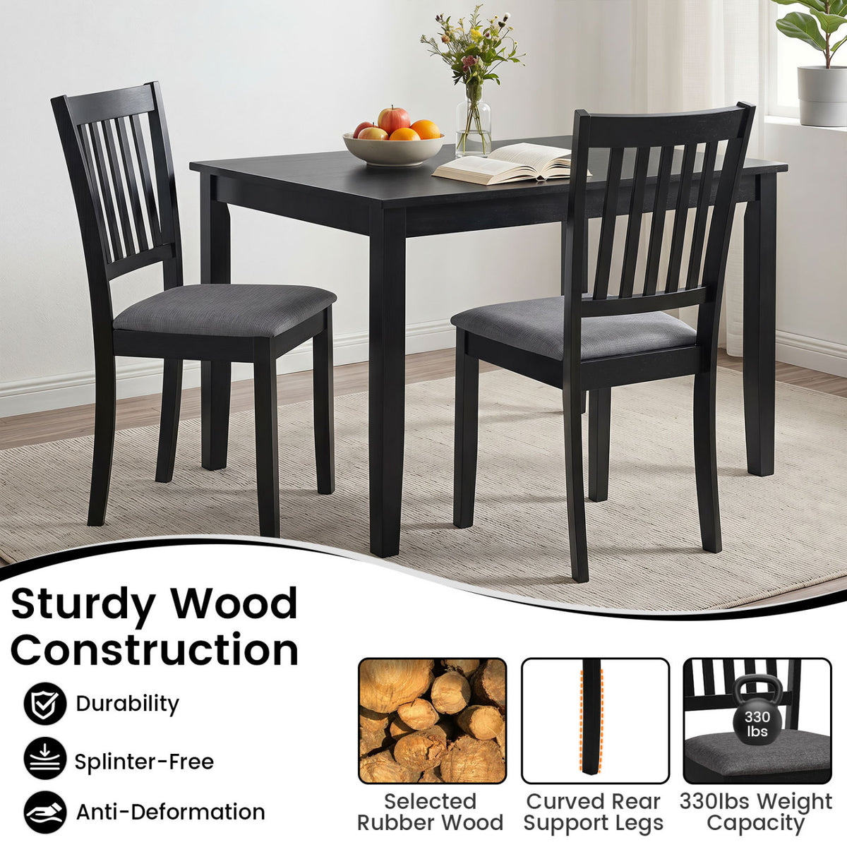 Set of 2 Wooden Dining Chairs Upholstered Kitchen Chairs with Rubber Wood Frame-Black