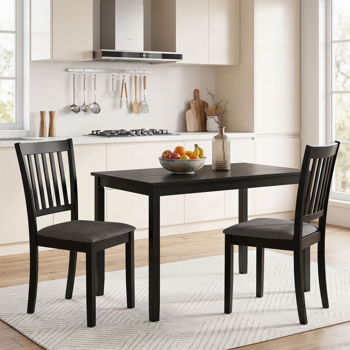 Set of 2 Wooden Dining Chairs Upholstered Kitchen Chairs with Rubber Wood Frame-Black