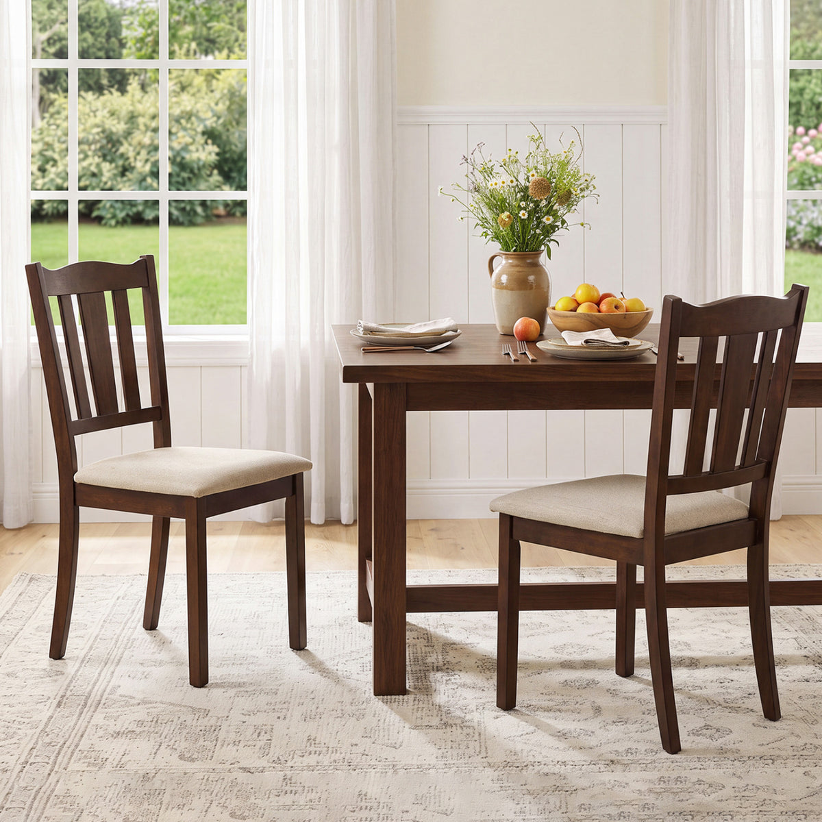 Set of 2 Wooden Dining Chair with Hollow Back and Soft-padded Cushion-Walnut