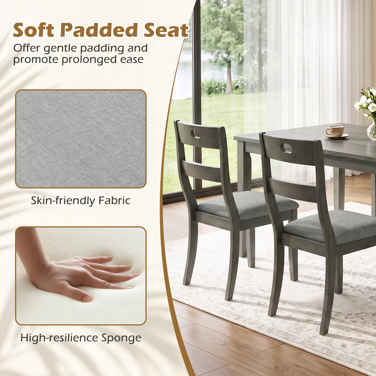 Set of 2 Wooden Dining Chairs with Padded Seats and Rubber Wood Frame-Gray