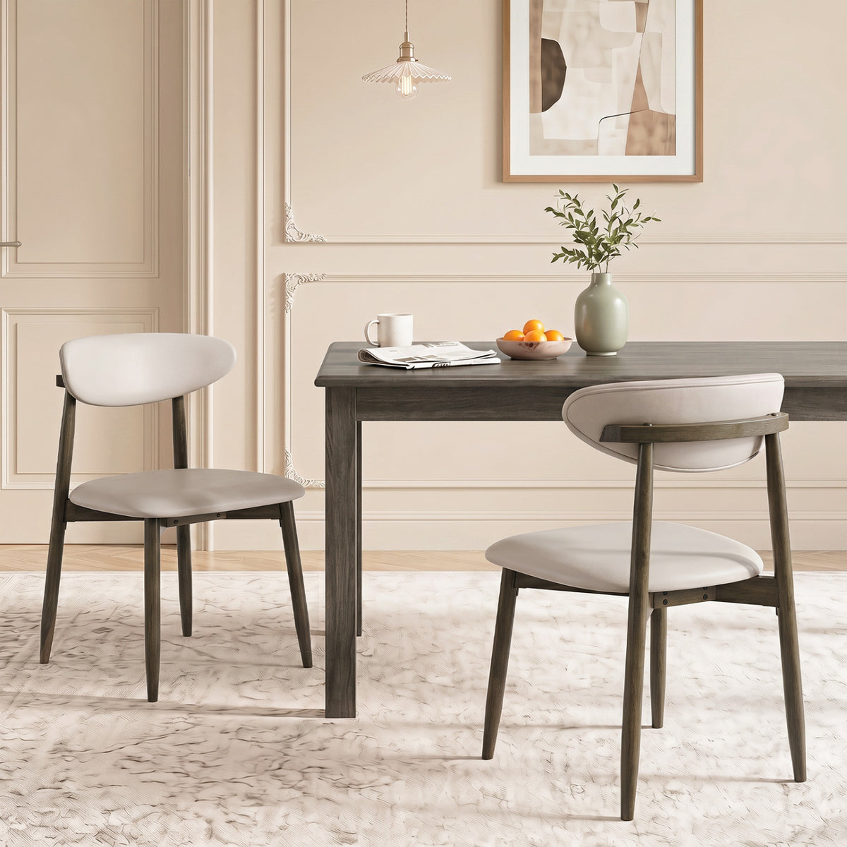 Set of 2 Wooden Modern Upholstered Dining Chairs with Curved Backrest-Beige
